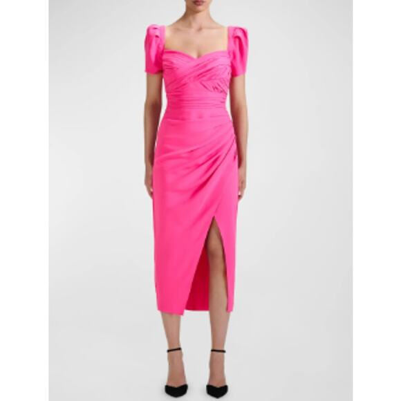 Self-Portrait Iris Pleated Sleeve Pink Criss-Cross Bodice Midi Dress 6 Crepe - Picture 14 of 16